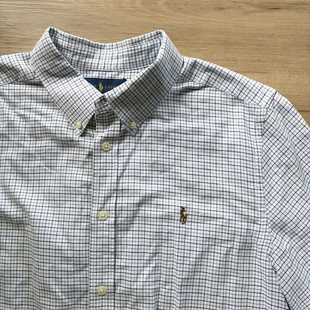 Ralph Lauren Tattersall Flesh Pony Button Shirt White Blue Boys XL 18 / 20